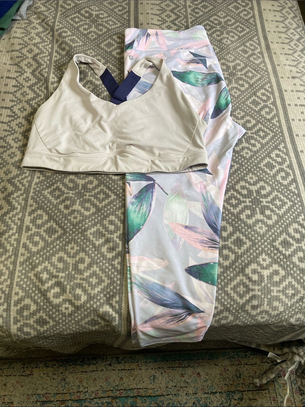 Fabletics White Sports Bra with Navy Strap & Pastel Leaf Print Leggings